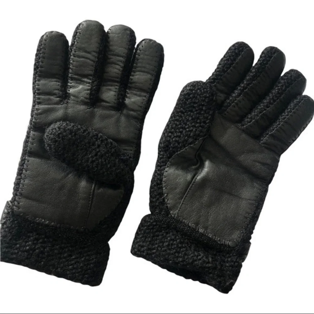 Women Black Wool Knit Leather Glove